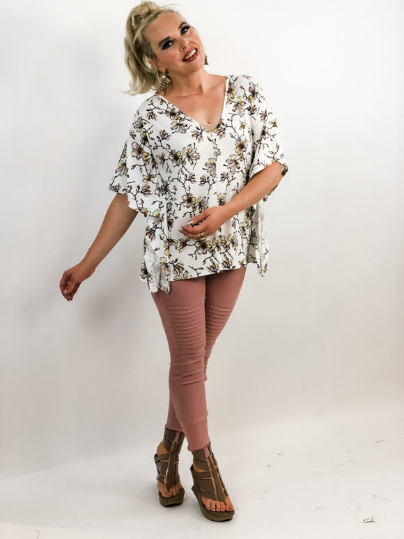 White/Pastel Floral Top W/Butterfly Sleeves