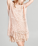 Short Sleeve Crochet Open Knit Top W/Fringe