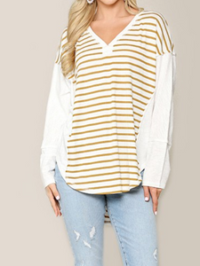 V-Neck Striped Ribbed Hi-Low Top