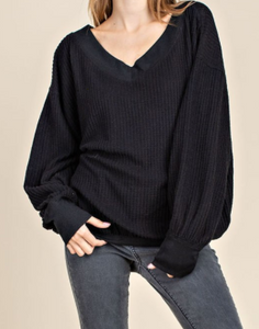 Waffle V-Neck Bubble Sleeved Top