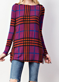 Plaid Lace-up Side Boat Neck Top