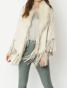 Suede Cape with Fox Fur Collar