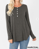 Long Sleeve Dolphin Hem Shell Button Top - 6 Colors finale sale