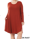 Long Sleeve Round Hem A-Line Pocket Dress - 5 Colors