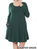 Long Sleeve Round Hem A-Line Pocket Dress - 5 Colors