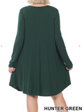 Long Sleeve Round Hem A-Line Pocket Dress - 5 Colors