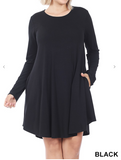 Long Sleeve Round Hem A-Line Pocket Dress - 5 Colors
