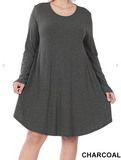 Long Sleeve Round Hem A-Line Pocket Dress - 5 Colors