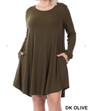 Long Sleeve Round Hem A-Line Pocket Dress - 5 Colors