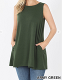 Sleeveless Boat Neck Flared Top W/Side Pockets - 3 Colors