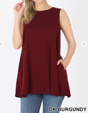Sleeveless Boat Neck Flared Top W/Side Pockets - 3 Colors