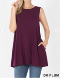 Sleeveless Boat Neck Flared Top W/Side Pockets - 3 Colors