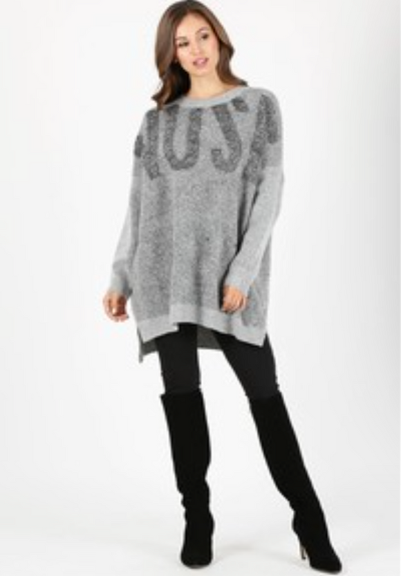 Wool Blend Color Block Tunic Sweater