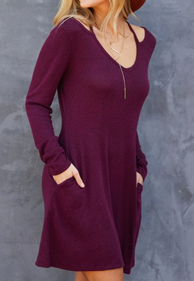 Cut Out Shoulder Pocket Dress
