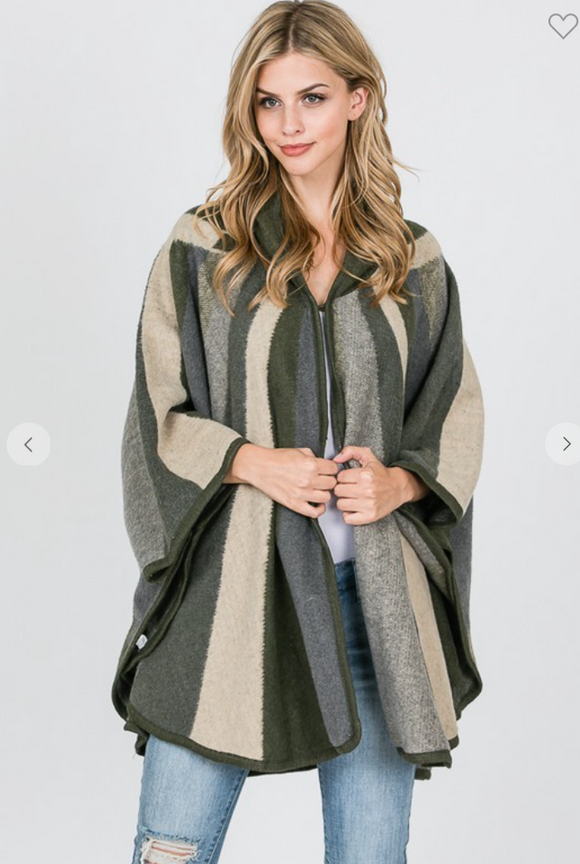 Stripe Pattern Hooded Poncho - 2 Colors