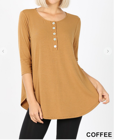 3/4 Sleeve Dolphin Hem Shell Button Top - 4 Colors Final sale