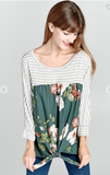 Front Tie Striped Floral Mix Print Top