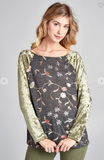 Floral Print Top with Velvet Raglan Sleeves