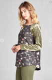 Floral Print Top with Velvet Raglan Sleeves