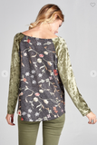 Floral Print Top with Velvet Raglan Sleeves