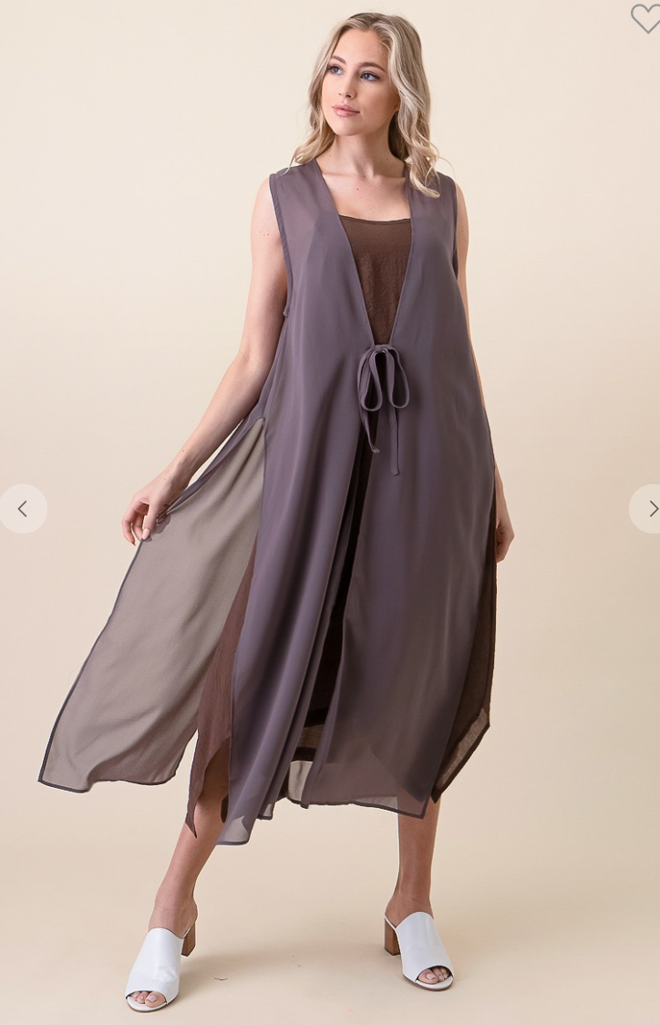 Long Chiffon Vest With Side and Back Slits