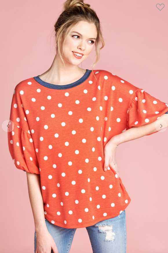Polka Dot French Terry Top with Balloon Sleeves