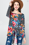 Front Tie Floral Stripe Knit Top