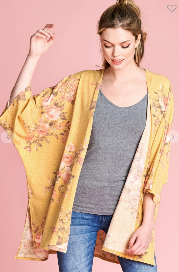 Washed Floral Open-Front Kimono