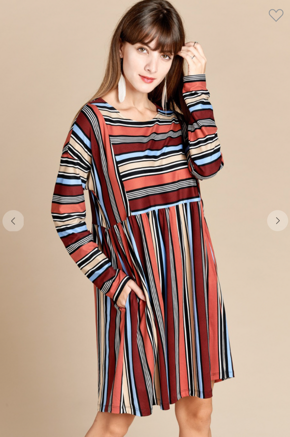 Multi-Color Variegated Striped Babydoll Dress