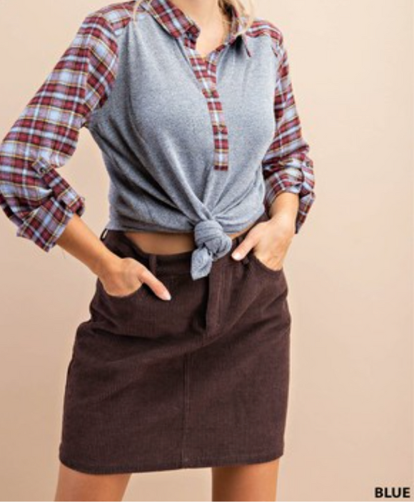 Plaid Mixed Collared Shirt with Sleeve Tabs