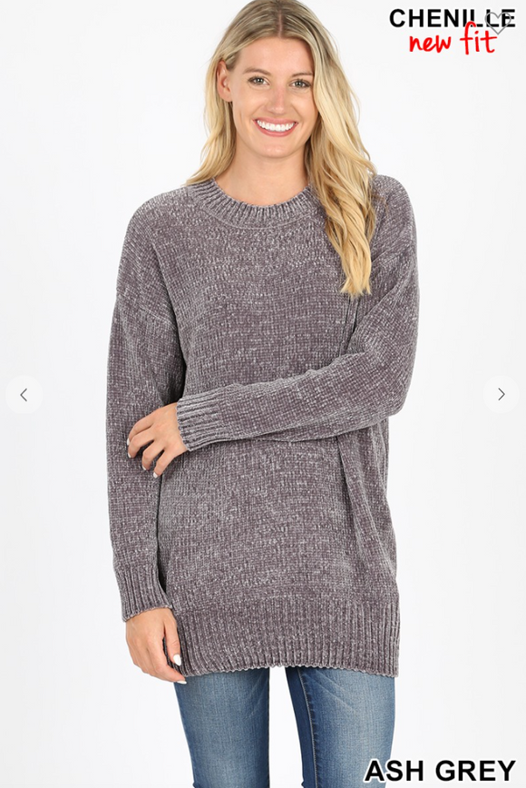 Round Neck Long Sleeve Chenille Sweater - 2 Colors