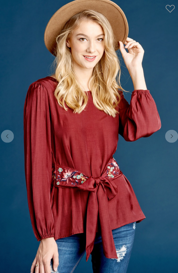 Floral Embroidered Waist Tie Blouse