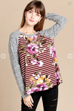 Floral Striped Printed Solid Raglan Sleeve Top