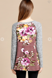 Floral Striped Printed Solid Raglan Sleeve Top