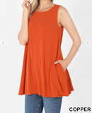 High Scoop Neck Sleeveless Tunic W/Pockets - 8 Colors