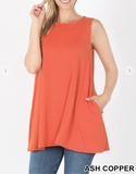 High Scoop Neck Sleeveless Tunic W/Pockets - 8 Colors