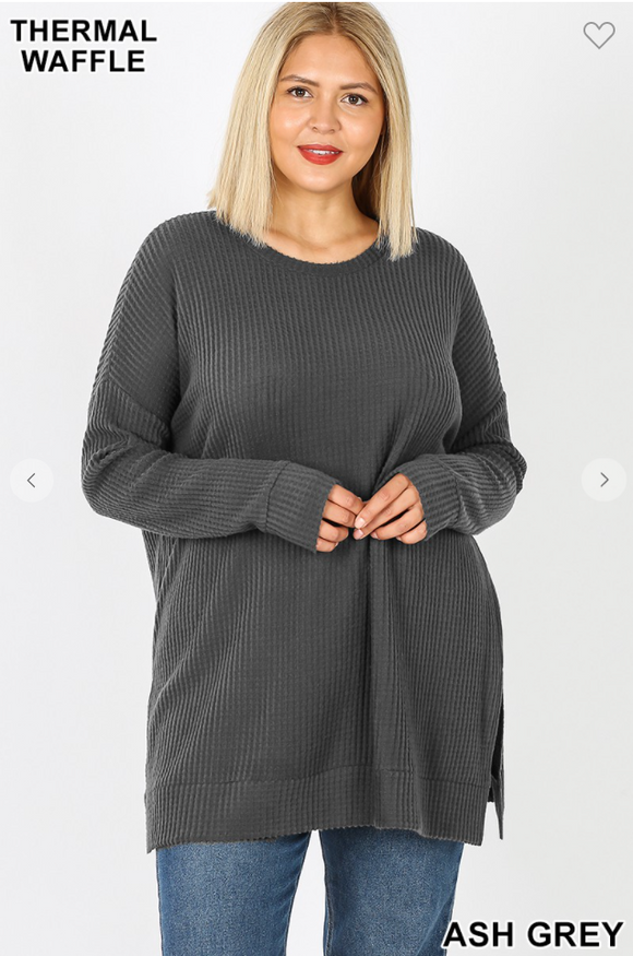 Side-Slit Round Neck Brushed Thermal Waffle Sweater - 4 Colors