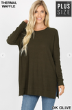 Side-Slit Round Neck Brushed Thermal Waffle Sweater - 4 Colors