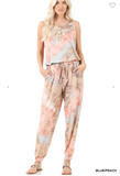 Soft French Terry Tie Dye Sleeveless Jogger Jumpsuit W/Pockets