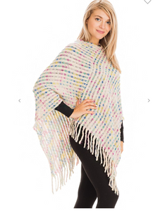 Multicolor Threaded Checkered Knit V-Neck Throw Over Poncho - 5 Colors