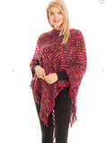 Multicolor Threaded Checkered Knit V-Neck Throw Over Poncho - 5 Colors