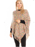 Multicolor Threaded Checkered Knit V-Neck Throw Over Poncho - 5 Colors