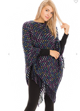 Multicolor Threaded Checkered Knit V-Neck Throw Over Poncho - 5 Colors