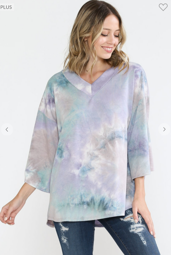Tie Dye V Neck Top with Flare Sleeves