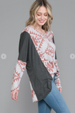 Aztec Print Top with Contrast Sleeve