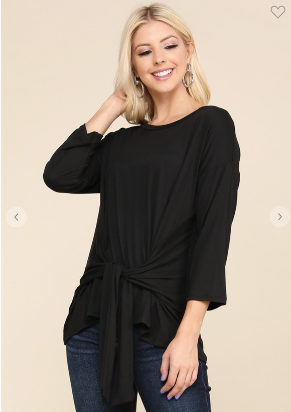 Round Neck Long Sleeve Front Tie Top - 2 Colors