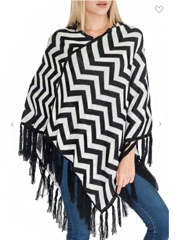 Zig Zag Patterned and Glitter Accented V-Neck Poncho