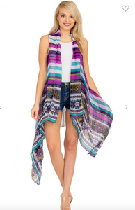 Multi Stripe Tribal Trim Sleeveless Kimono Vest - 2 Colros