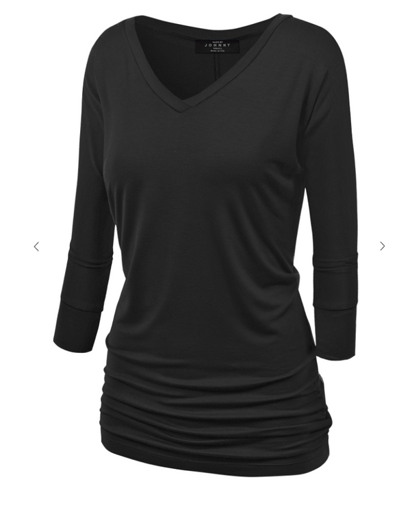 Dolman Sleeve V-Neck Top W/ Side Shirring - Multi  Colors