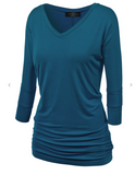 Dolman Sleeve V-Neck Top W/ Side Shirring - Multi  Colors